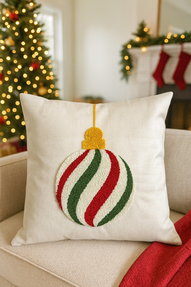 Punch Embroidered Throw Pillow Cover - 43*43 cm - Cream Christmas Ball - Pnk001