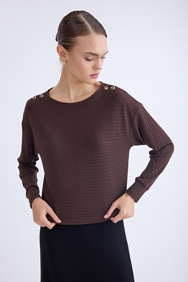 Buttoned Shoulder Wide Neck Blouse - 3