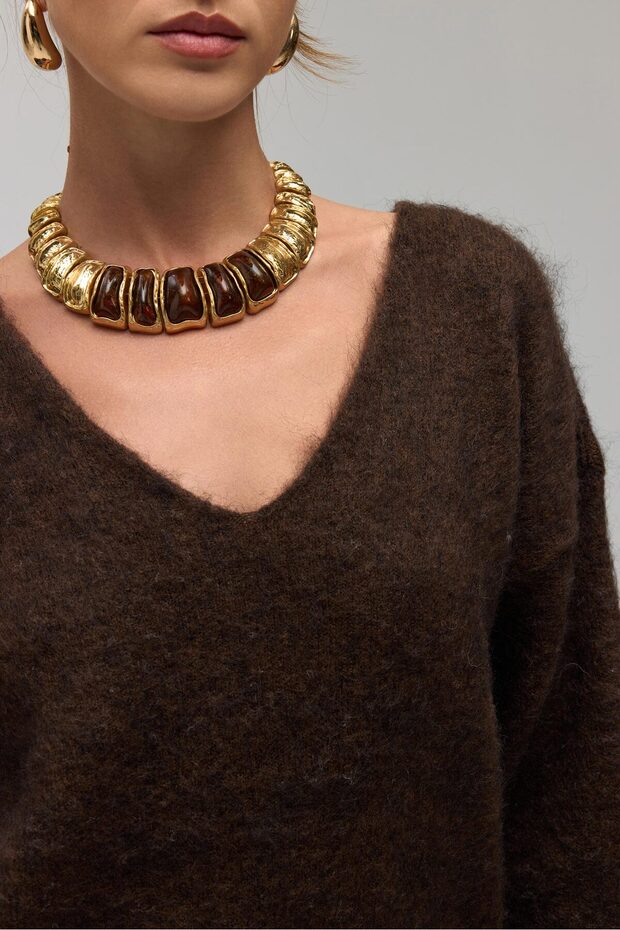 Zerium Basic V Yaka Kahve Triko Kazak - 7