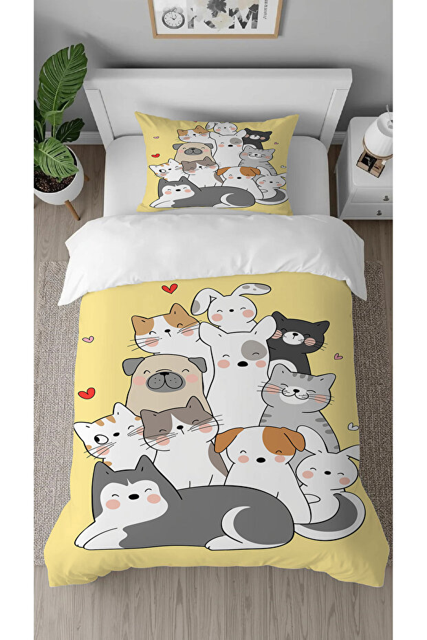 Sweet Cats, Dogs, Rabbits Patterned Digital Printed Single Stylish Duvet Cover Set Without Sheets