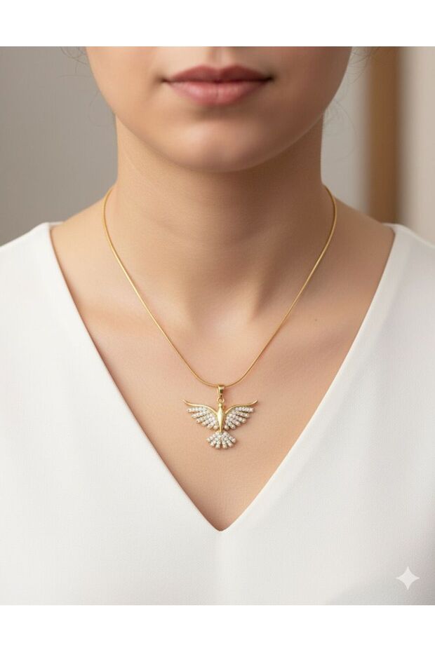 Stainless Steel Zircon Stone Phoenix Bird Women's Necklace Gold Yellow
