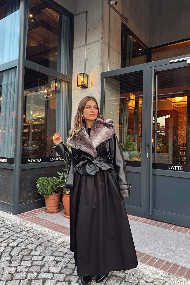 Black Gradient Collared Belted Leather Jacket - 4