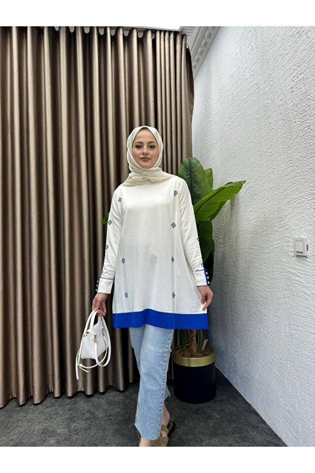 Çift Renkli Taşlı Merserize Tunik Mavi Geçişli - 6