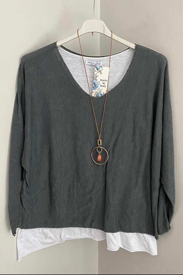 Women's Italian Dark Gray Plain Patterned Collared Cotton Combed Sleeveless Inner Long Sleeve Knitwear Blouse 2-Piece Set