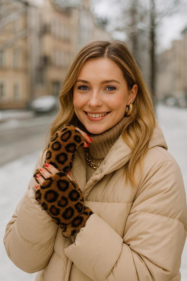 Camel Leopard Patterned Cut-Out Plush Women's Gloves