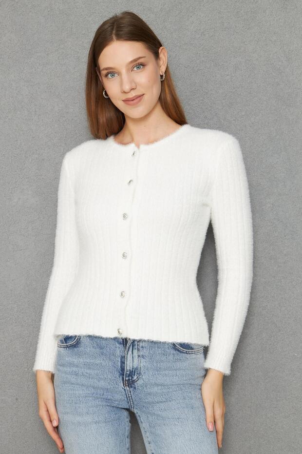 Women's Soft Textured Beard Drawstring Ribbed Knitwear Cardigan Buttoned Cardigan 791613 Ecru