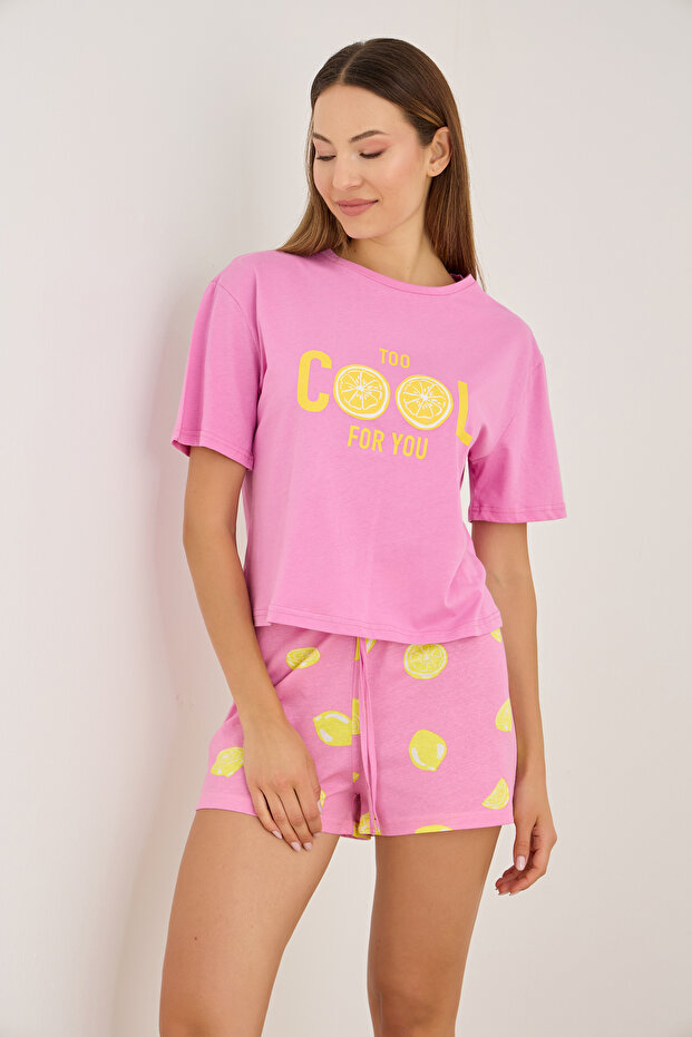 pembe limon baskı desenli Örme Pamuklu Şort Takım7910 - 2