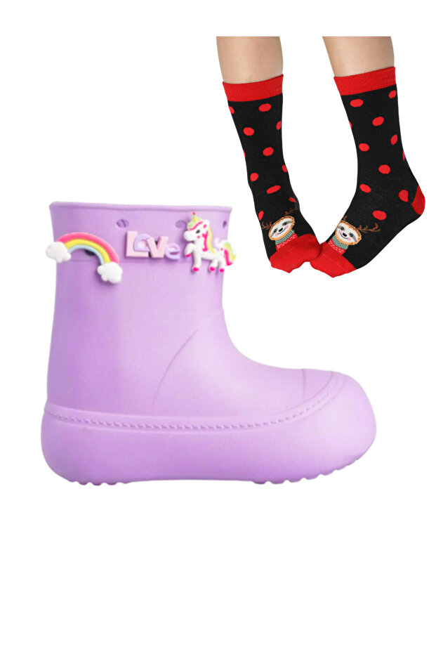 Lila Kız Çocuk Yağmur Botu & Çorap Set - 2