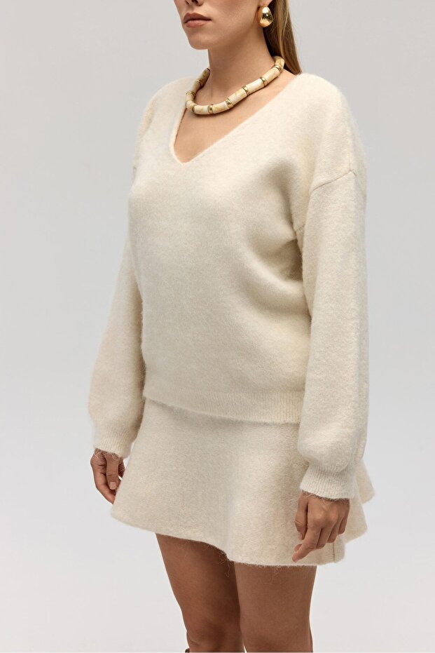 Zerium Basic V Yaka Ekru Triko Kazak - 3