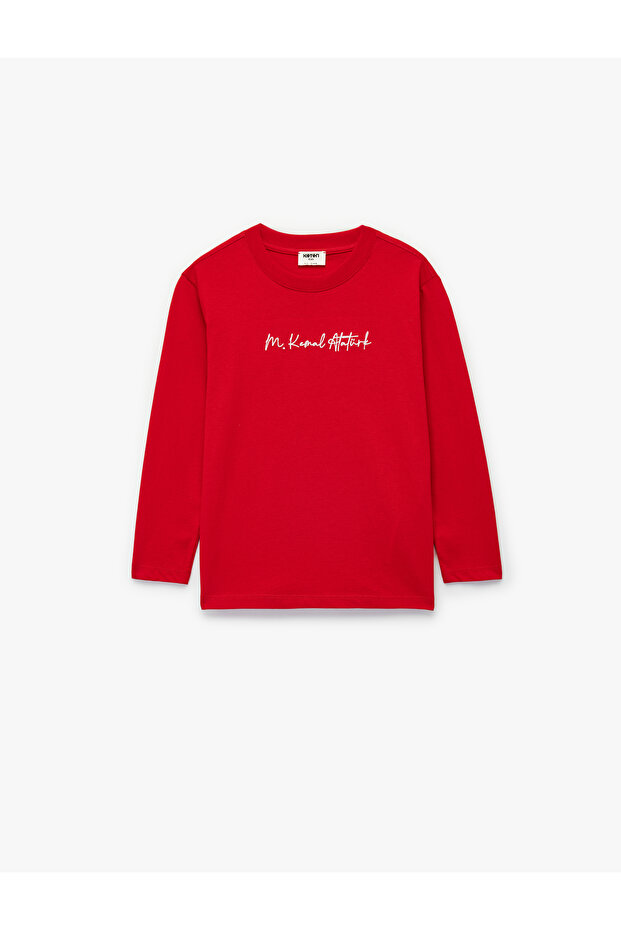 Ataturk Embroidered Cotton Long Sleeve Crew Neck T-Shirt