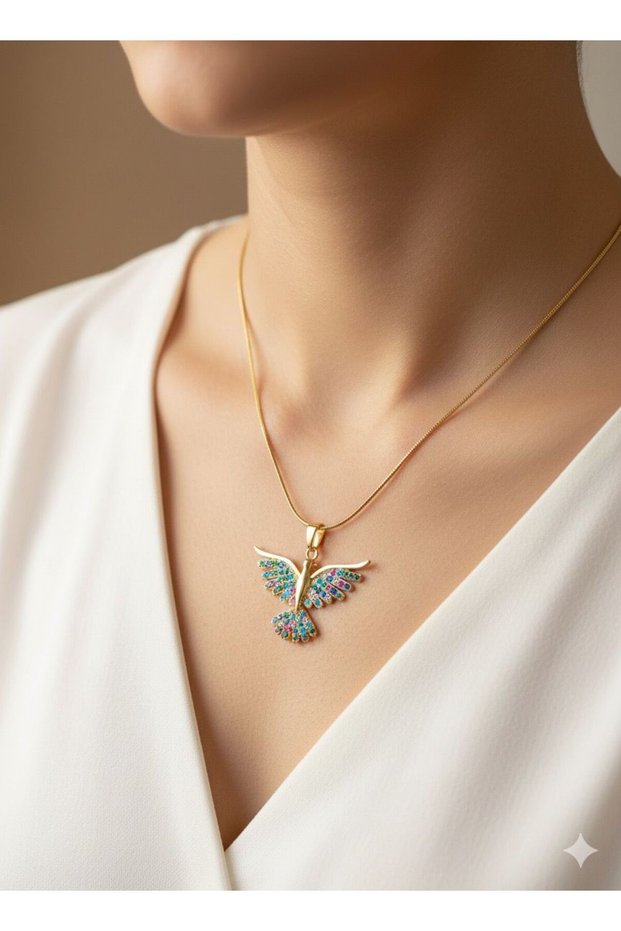 Stainless Steel Colorful Zircon Stone Phoenix Bird Women's Steel Necklace Gold Yellow