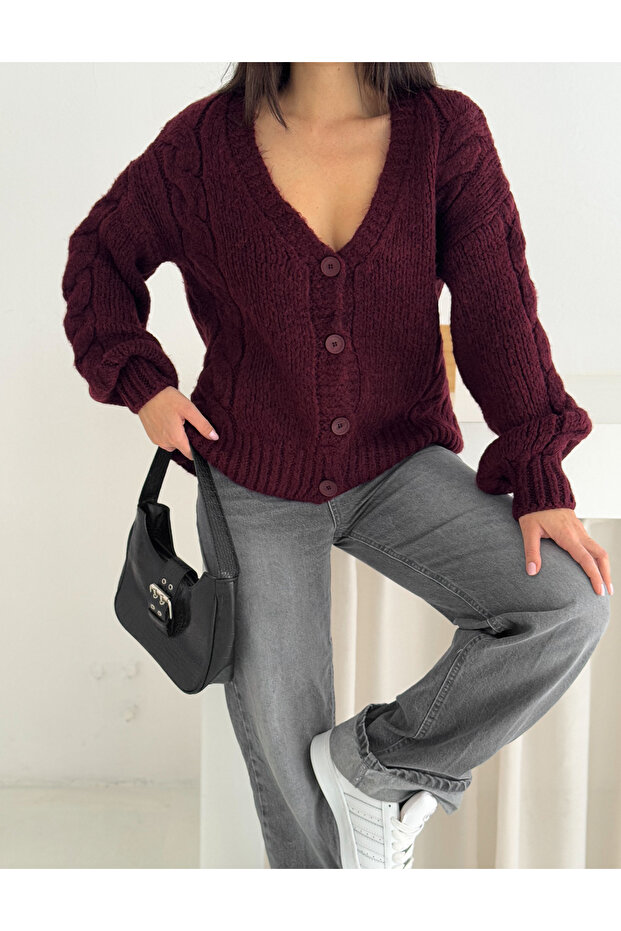 كارديجان ناعم للغاية بأربعة أزرار وياقة على شكل حرف V - 3