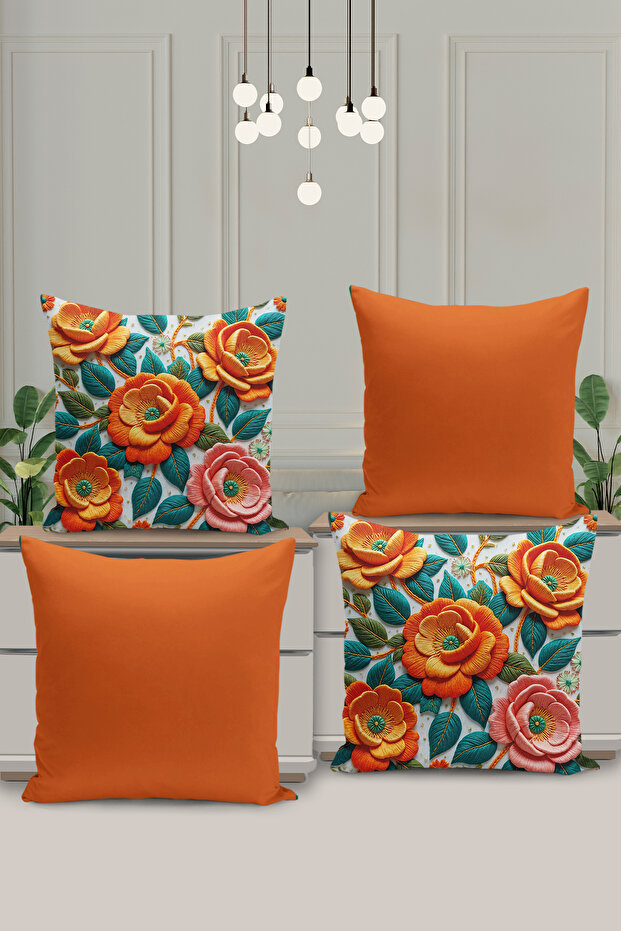 Set of 4 Reversible Digital Print Cushion Cover Embroidered Look Floral Print