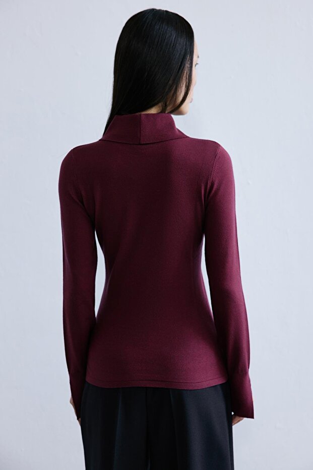 Yakalı Basic Bordo Triko Bluz - 7