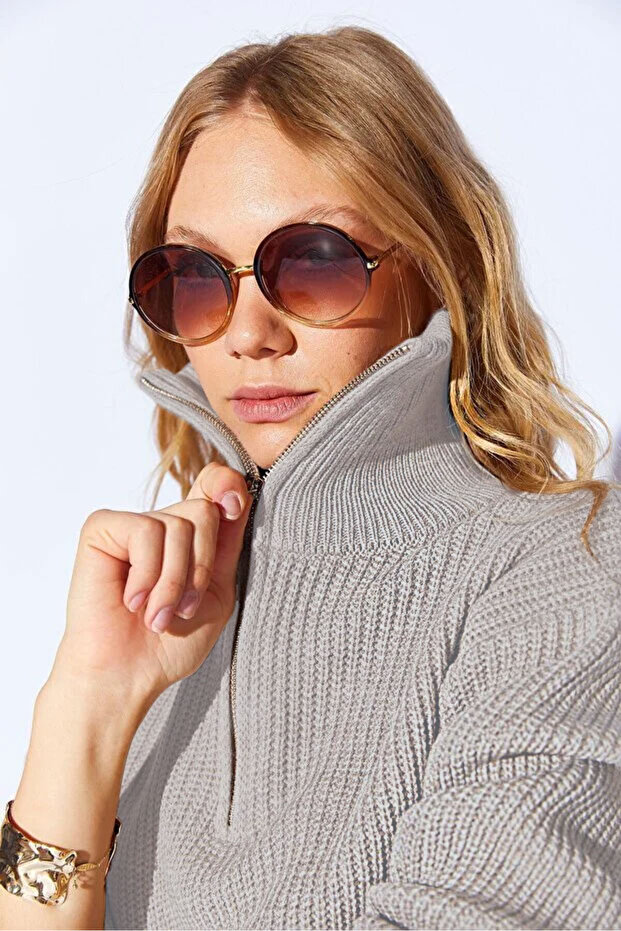 Gray Cotton Soft Texture Zippered Half Turtleneck Women's Sweater | Mkw539429-01