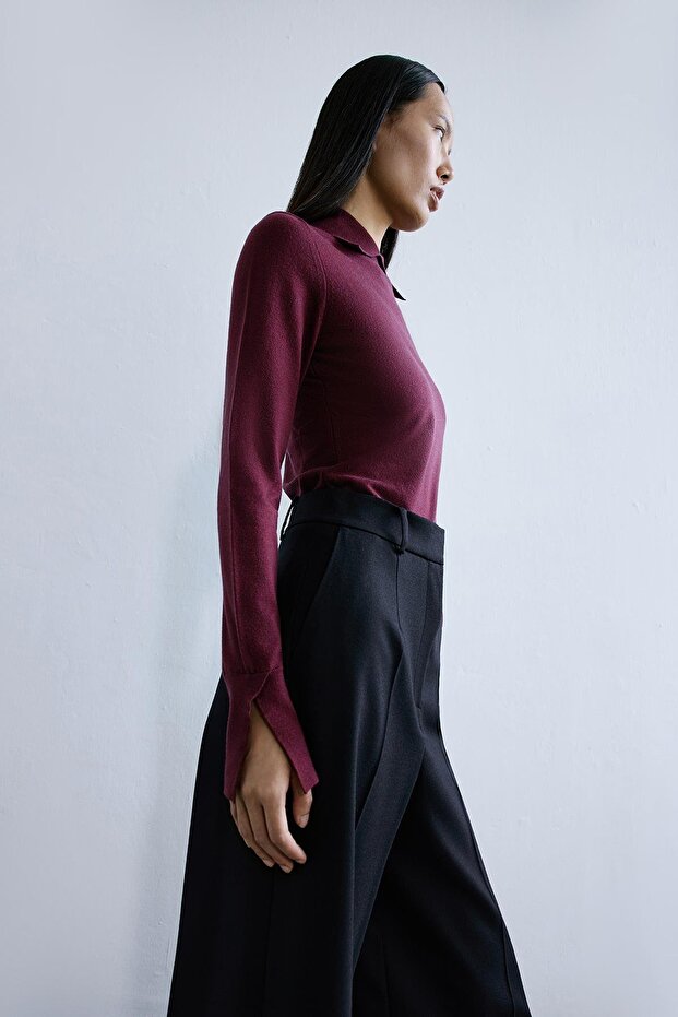 Yakalı Basic Bordo Triko Bluz - 3