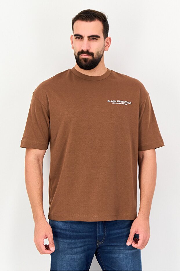 Men Crew Neck Short Sleeve Graphic Print T-Shirt, Brown
