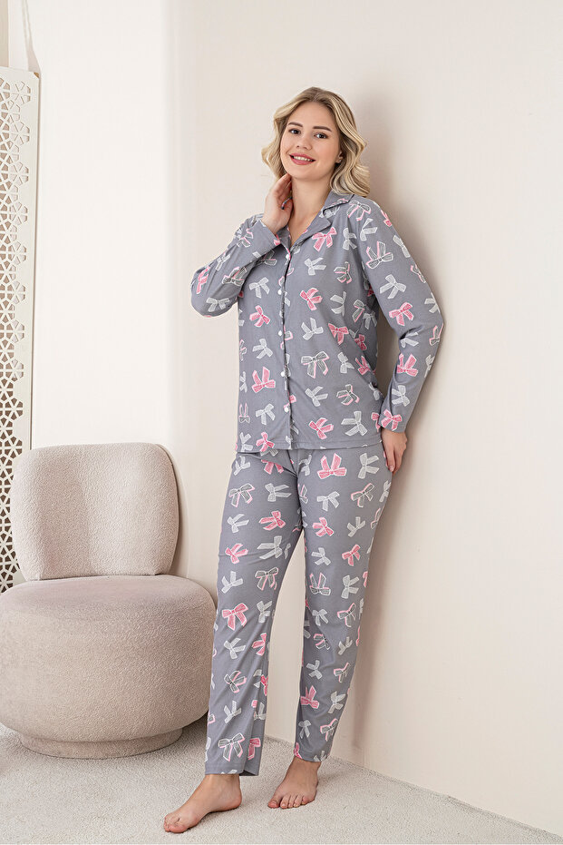 Women's Bow Printed Suede Long Sleeve Women's Buttoned Pajama Set