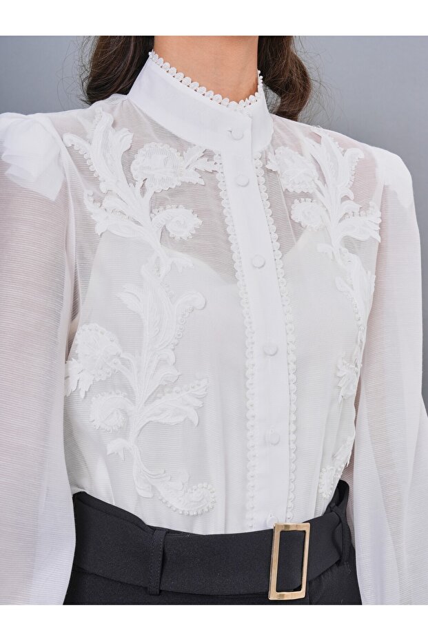 Dantel İşlemeli Düğmeli Gömlek 40967 - 3