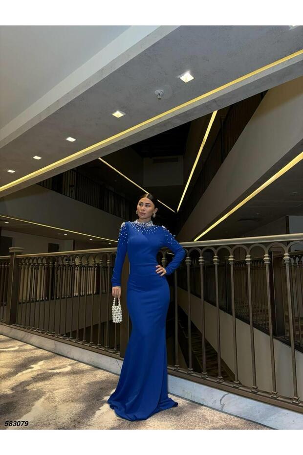 Crepe stretch fabric half turtleneck sleeve pearl detailed evening dress 583079 cobalt blue
