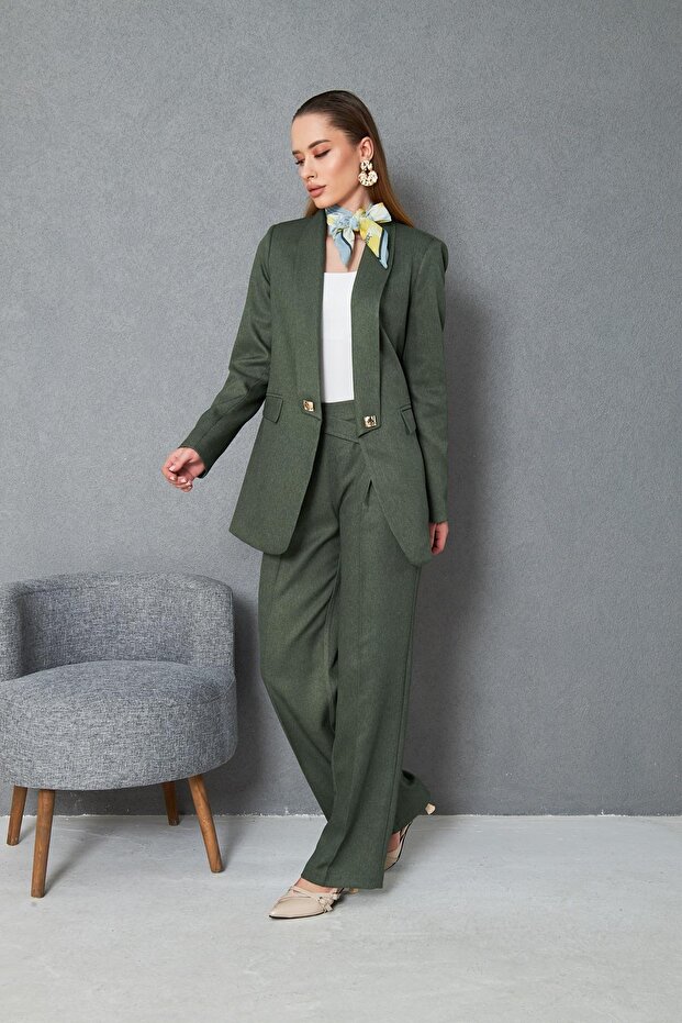 Kare Düğmeli Yünefekt Takım Haki - 6