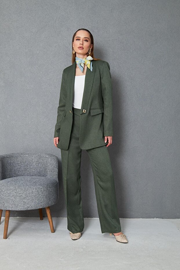 Kare Düğmeli Yünefekt Takım Haki - 3