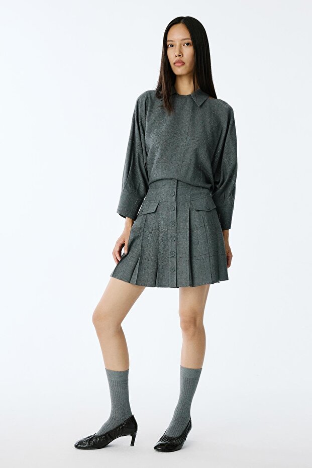 Sim Detaylı Piliseli Gri Mini Etek - 6