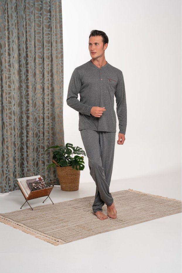Men's Smoked Single Jersey Buttoned Seasonal Pajama Set with Placketed Pockets Design Classic Long Sleeve Buttoned Seasonal Pajama Set