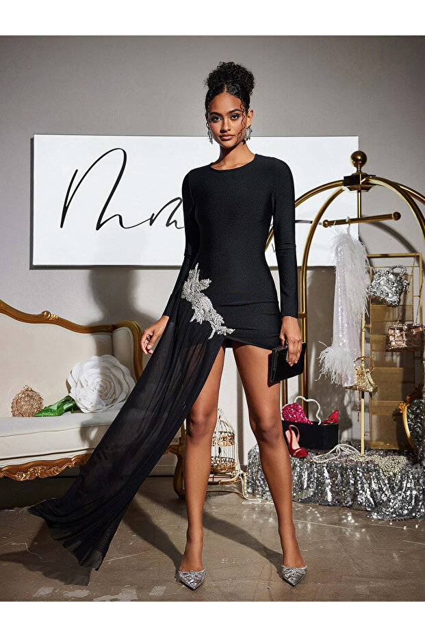 Midnight Allure -Assymetric Luxury Cocktail Dress with Chiffon Overlay