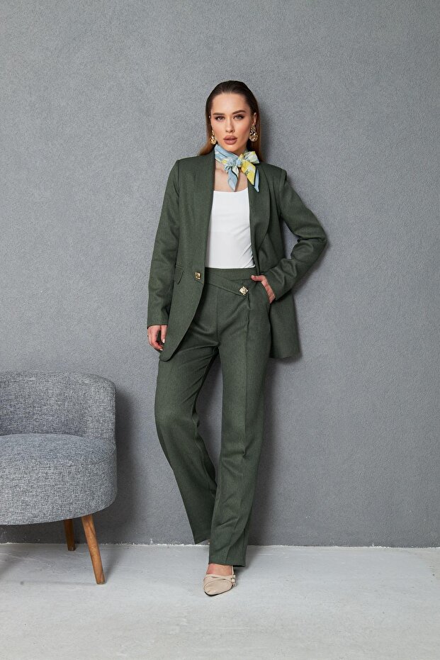 Kare Düğmeli Yünefekt Takım Haki - 4