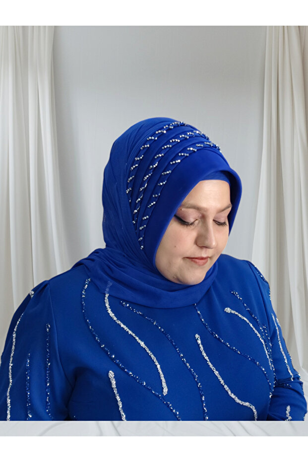 Cobalt Blue 3-Row Embroidered Nuray Model Ready-Made Veil Ready-Made Shawl Ready-Made Turban