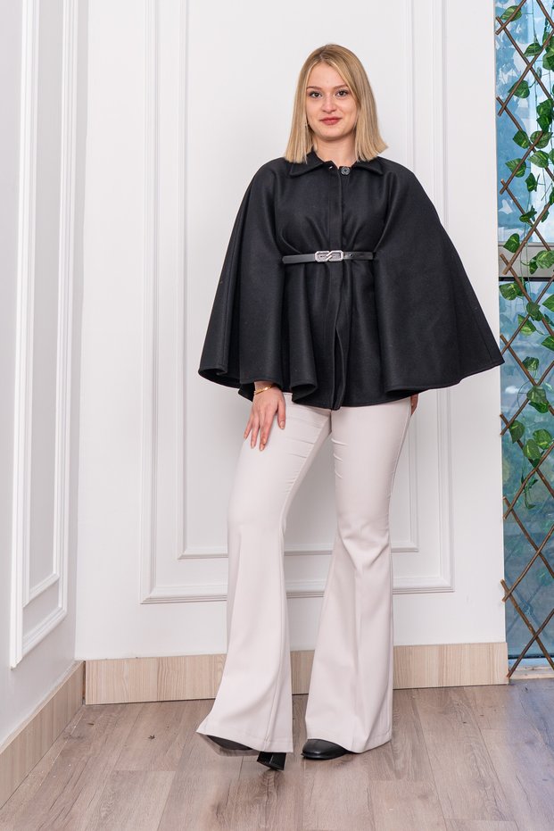 Women's Winter Black Trendy Model Poncho with Holes and Belt, Stylish, Daily, Comfortable 2611