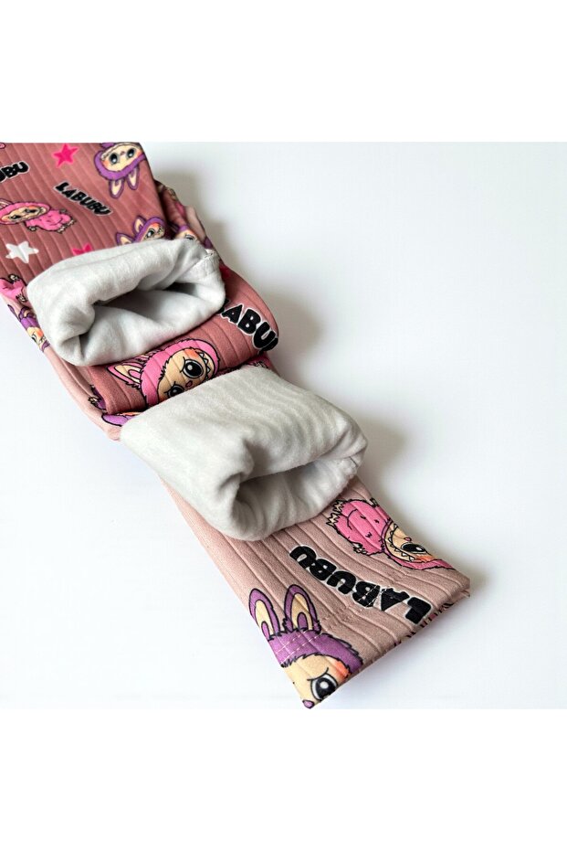 KIZ ÇOCUK LABUBU DESENLİ MOR-PEMBE-BEJ-KAHVE RENKLER 4 'LÜ İÇİ POLAR TERMAL TAYT 4-10 YAŞ - 6