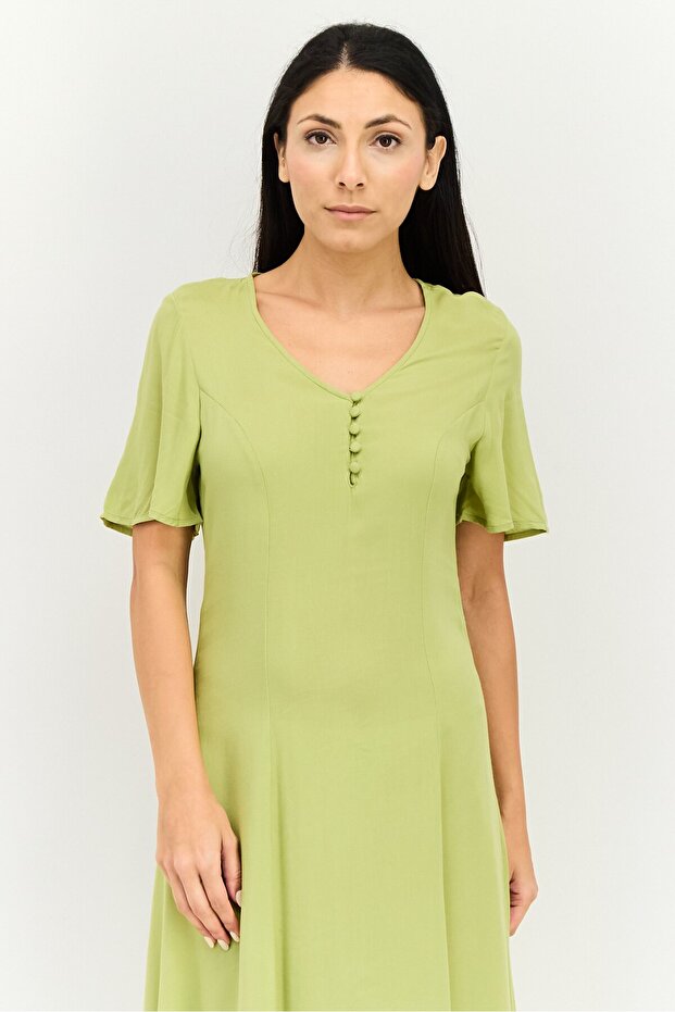 Women Solid Midi Dresses, Olive - 3