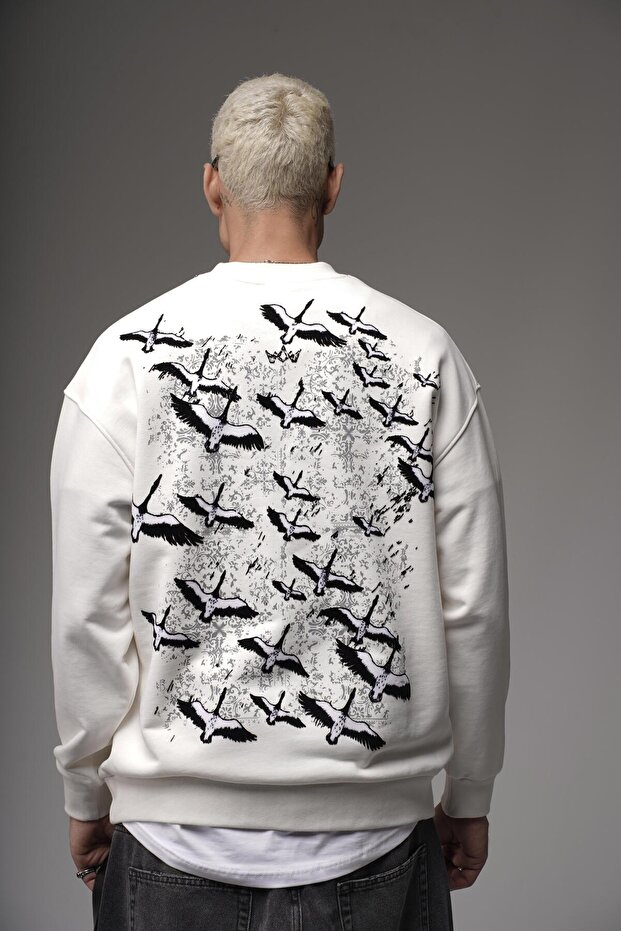Crew Neck Oversized Sweatshirt with Stork Print on the Back and Embroidery