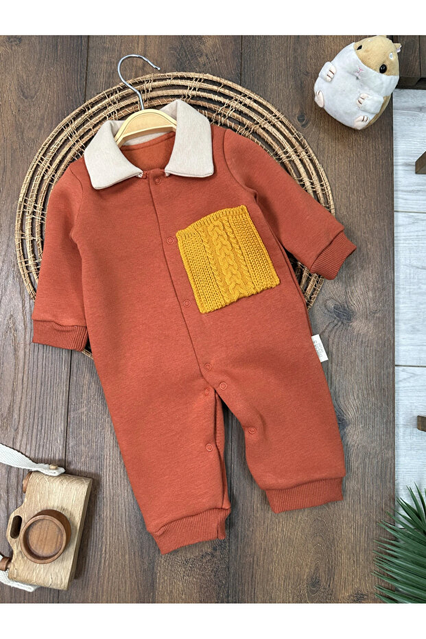 3 Thread Inner Lined Polo Collar Winter Baby Boy Jumpsuit with Snap Fasteners at the Bottom