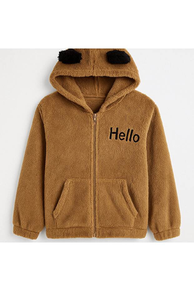 Girl's Hello Embroidered Oversize Plush Cardigan with Zippered Pockets and Hood