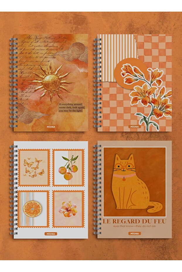 A5 Spiral School Notebook 120 Pages Set of 4 Orange Themed 2 Squares - 2 Lines, Notebook, Notebook - 1