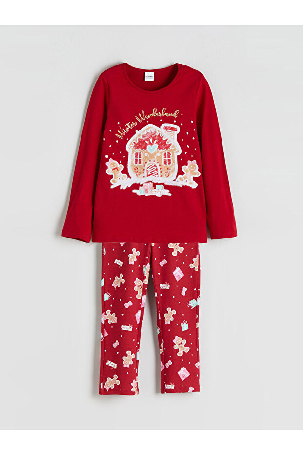 Bisiklet Yaka Yılbaşı Temalı Kız Çocuk Pijama - 1