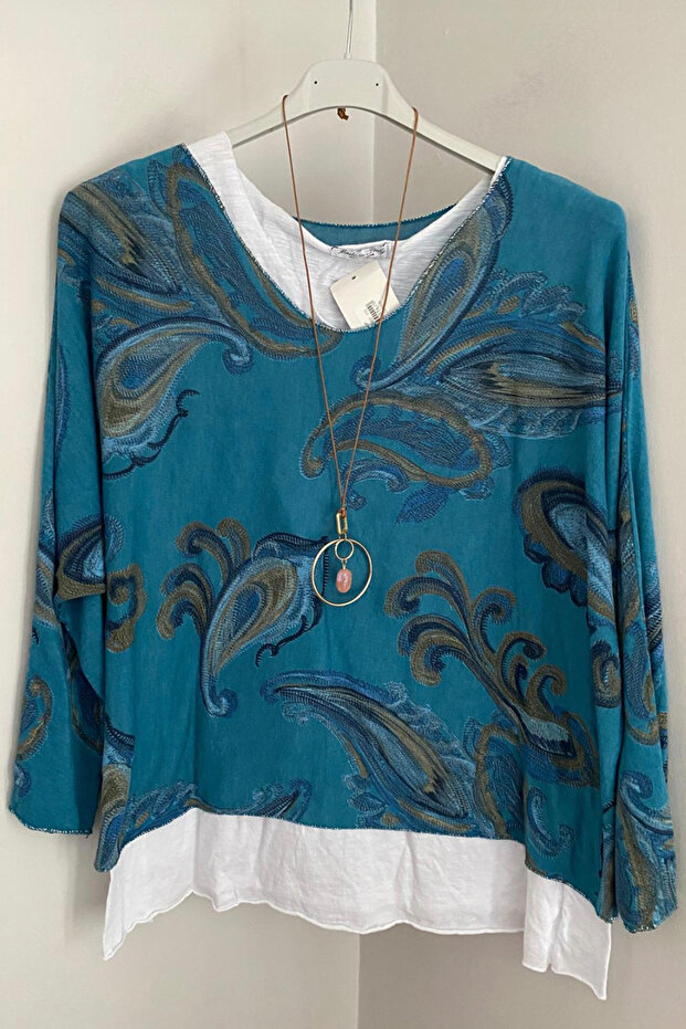 Women's Italian Blue Shawl Patterned Collared Cotton Combed Sleeveless Inner Long Sleeve Knitwear Blouse 2-Piece Set