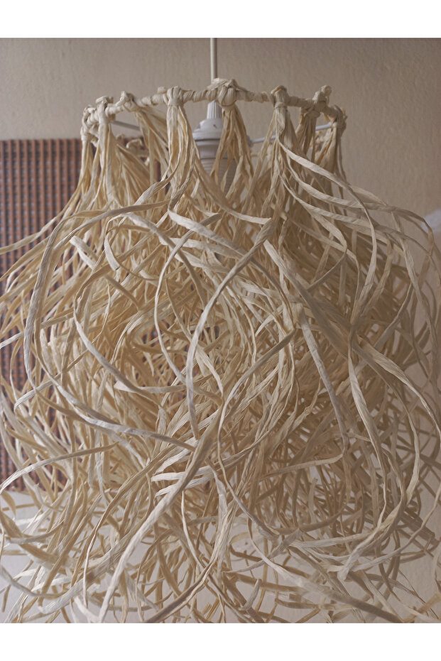 Kemik Rengi M-21 Rafya Avize 20 X 35 El Yapımı Salon Oturma Odası Yatak Odası Rafya Bohem Avize - 4