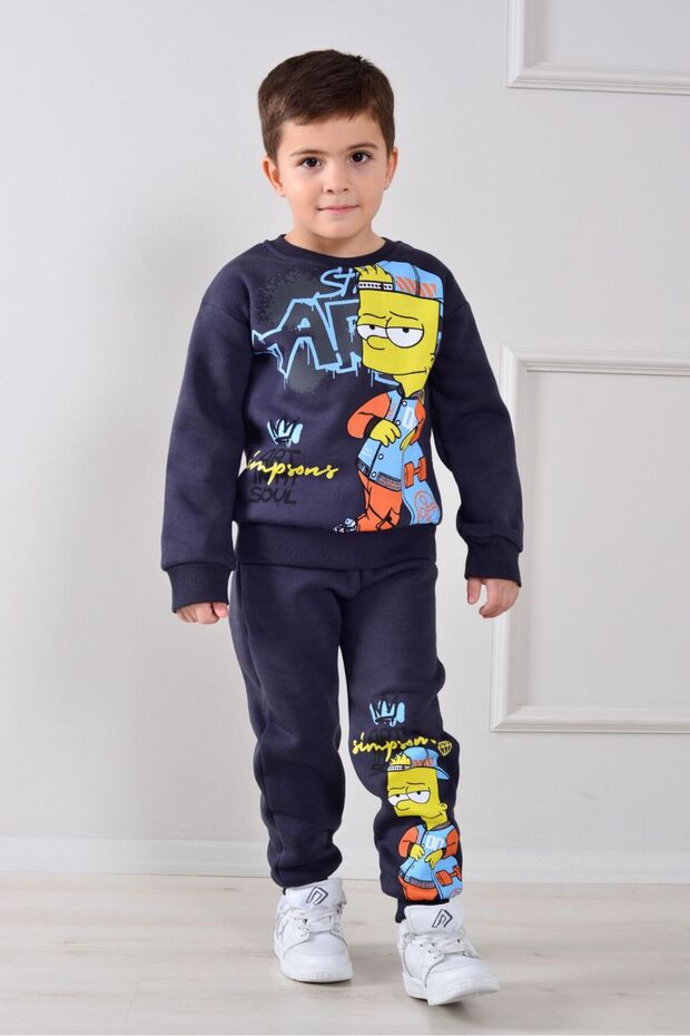 Pjk3İ Simpson Patterned 3-Thread Ribbed 100% Cotton Boys' Tracksuit Set 3-10 Years Old 8263