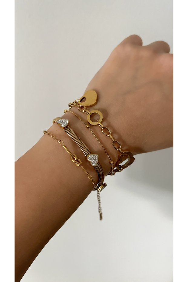 Steel Gold Heart Charm Detailed Bracelet