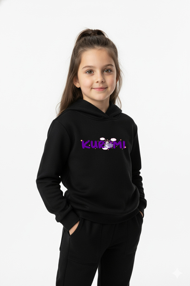 Kuromi Cloud Printed Children's Hooded Premium Compact Sweatshirt Tracksuit Set with Pockets and Drawstrings