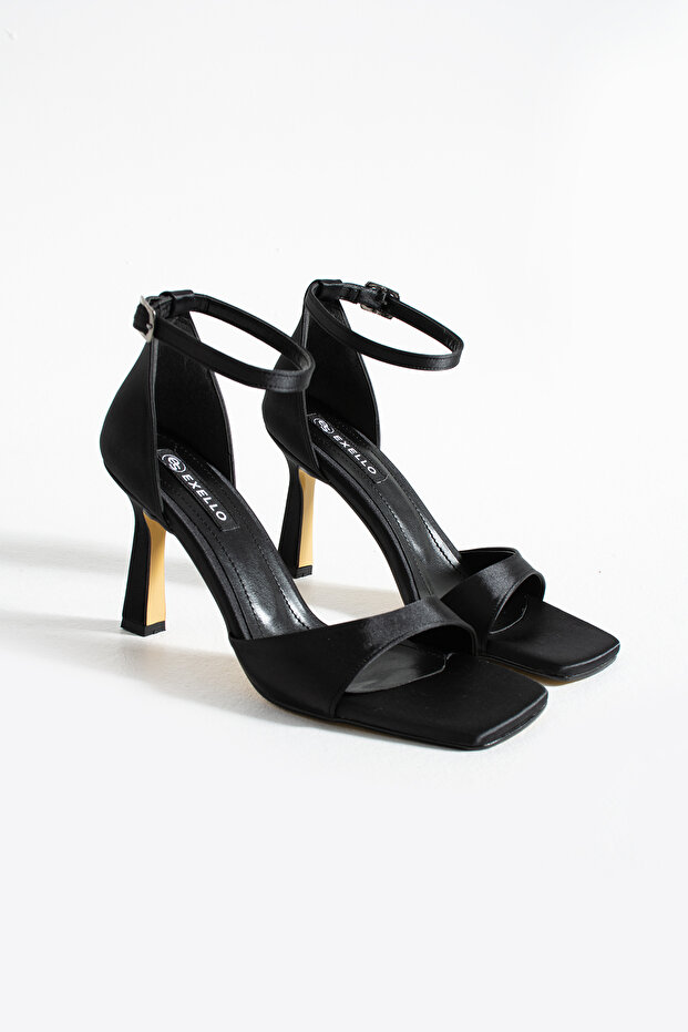 Eliza Kadeh Heeled Single Strap Black Satin Shoes
