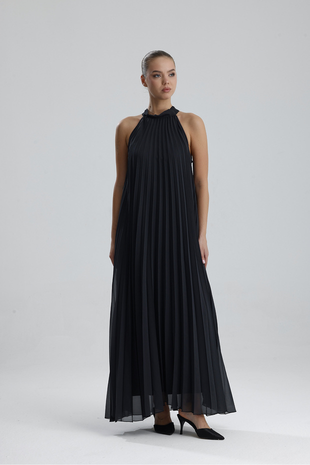 Astarlı Piliseli Uzun Abiye Desenli Şifon Elbise | ELB35127SF Antrasit - 1