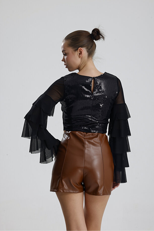 Suni Deri Yüksek Bel Şort | ŞRT34533 Taba - 5