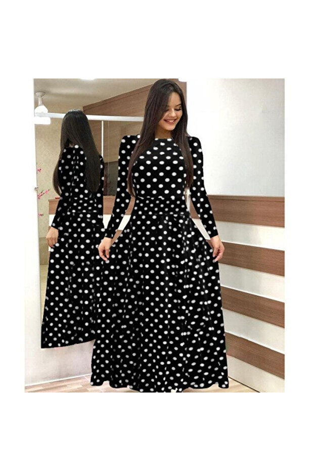 Women's black full length white polka dot dress