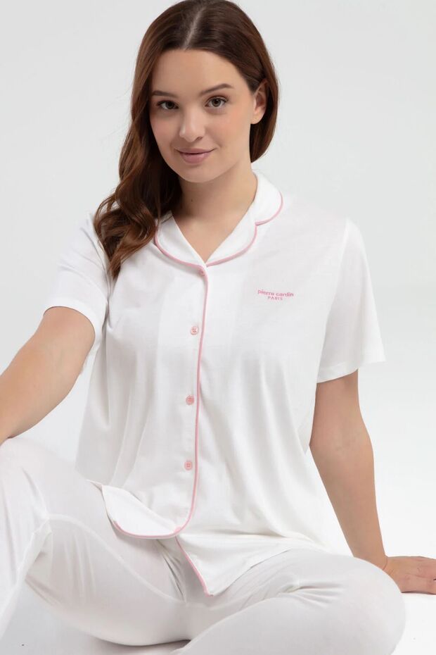 7715 Women's Cream Short Sleeve Button Front Piping Shirt Pajama Set