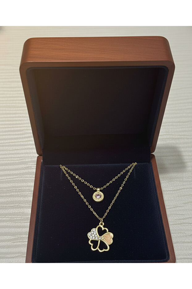 altın renk yonca ve tek taş detaylı kombin kolye - 2